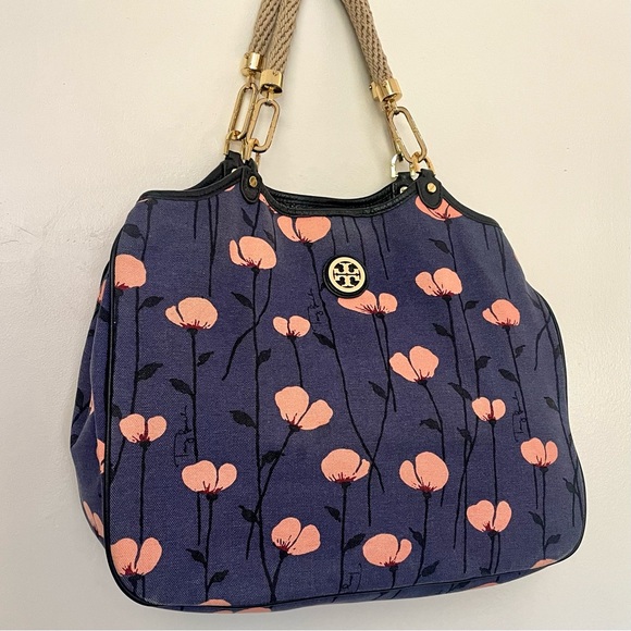 Tory Burch Floral Canvas Large Handbag Blue and Coral - Picture 3 of 11